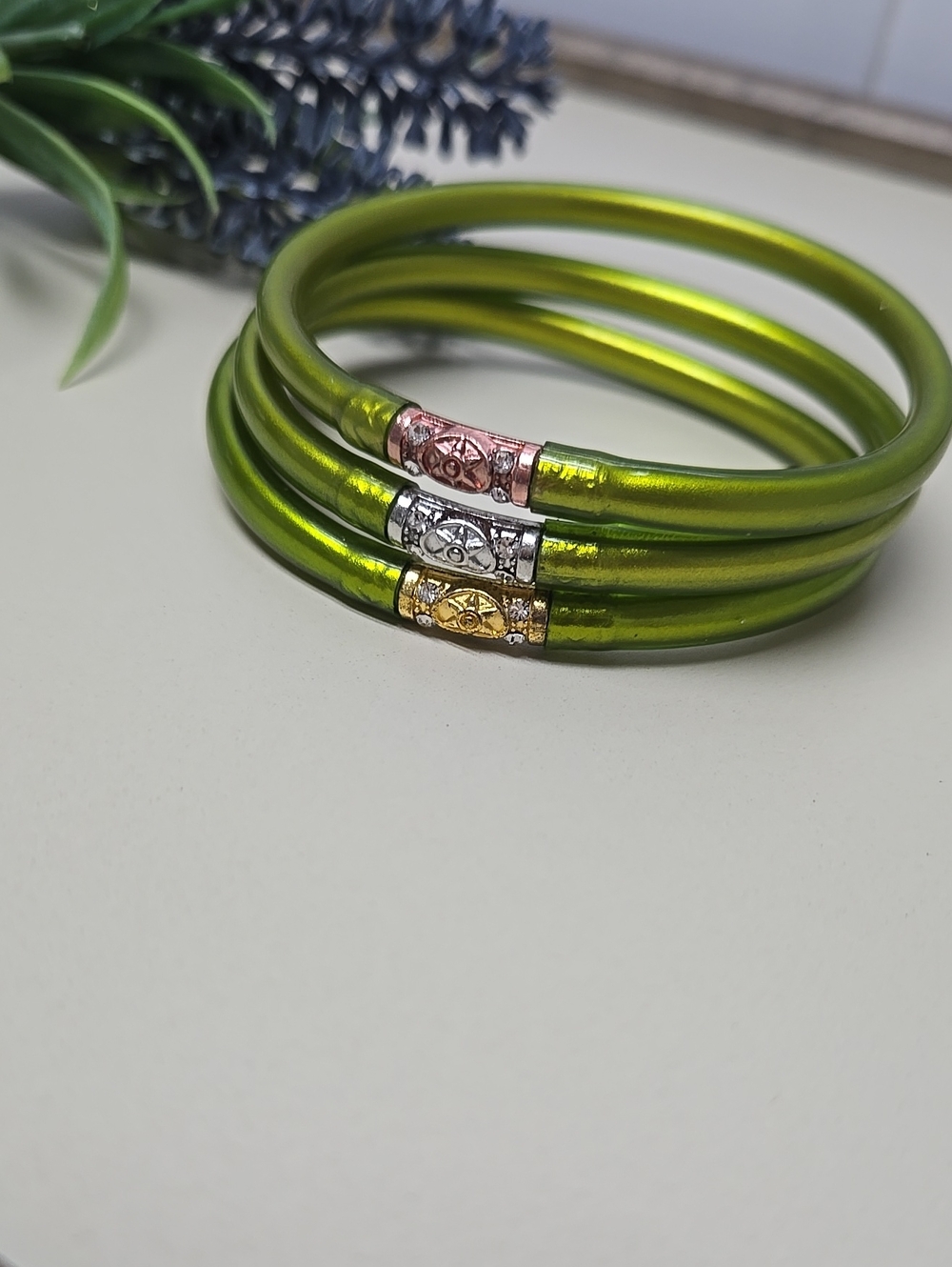 Budha All Weather Womens Bracelet. White, Green, Gold. (Not Budhagirls)